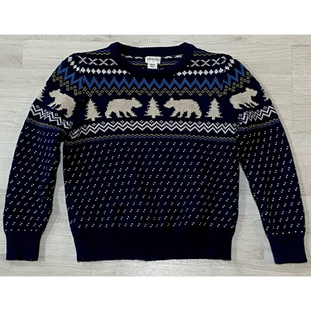 Crewcuts Boys Fair Isle Polar Bear Sweater Navy Blue 100% Cotton Size S 6-7 - Picture 2 of 9